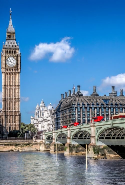 London symbols with BIG BEN, DOUBLE DECKER BUSES and Red Phone Booth in England, UK